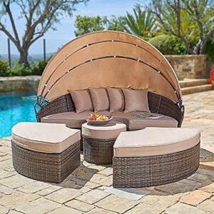 cemeon outdoor round daybed with retractable canopy, brown wicker patio furniture daybed sets with cushions for patio, backyard, poolside