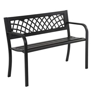 patio bench, 4 feet rust-proof cast iron park bench, hold 480 lbs heavy-duty metal outdoor furniture bench seat, with plastic backrest armrests sturdy steel frame front porch bench for yard porch