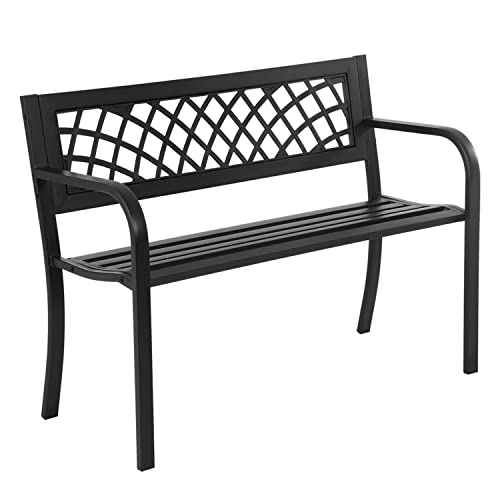 Patio Bench, 4 Feet Rust-Proof Cast Iron Park Bench, Hold 480 lbs Heavy-Duty Metal Outdoor Furniture Bench Seat, with Plastic Backrest Armrests Sturdy Steel Frame Front Porch Bench for Yard Porch