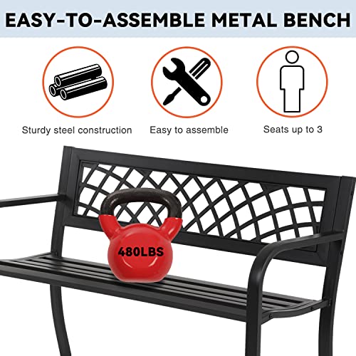 Patio Bench, 4 Feet Rust-Proof Cast Iron Park Bench, Hold 480 lbs Heavy-Duty Metal Outdoor Furniture Bench Seat, with Plastic Backrest Armrests Sturdy Steel Frame Front Porch Bench for Yard Porch