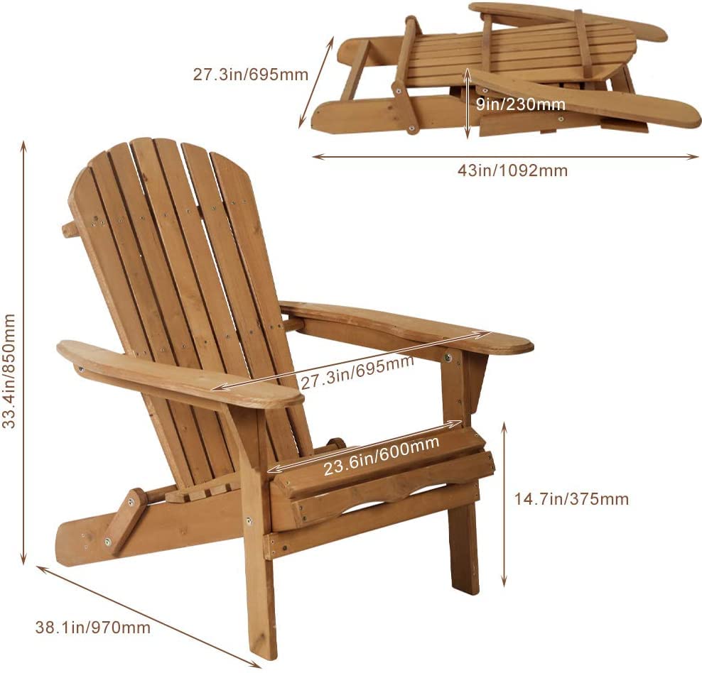 BSTOPHKL Outdoor Adirondack Chair,Set of 2 Folding Wooden Adirondack Lounger Chair,All-Weather Chair Fire Pit Chairs Seating Accent Furniture Wood Chairs for Patio Chair Lawn Chair - Natural