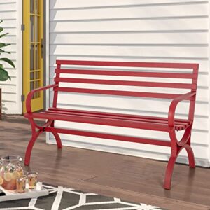 sophia & william outdoor garden bench patio park bench, metal steel frame furniture with backrest and armrests for porch yard lawn deck, red