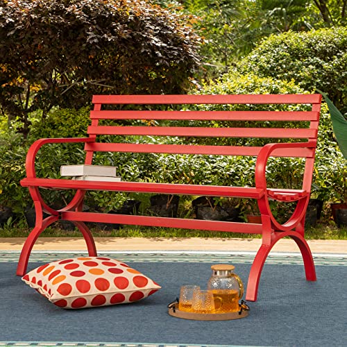 Sophia & William Outdoor Garden Bench Patio Park Bench, Metal Steel Frame Furniture with Backrest and Armrests for Porch Yard Lawn Deck, Red