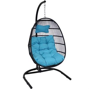 sunnydaze julia hanging egg chair with stand and blue cushions – comfy collapsible outdoor egg chair swing with stand – black polyethylene wicker rattan frame with steel stand – 76 inches tall