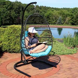 Sunnydaze Julia Hanging Egg Chair with Stand and Blue Cushions - Comfy Collapsible Outdoor Egg Chair Swing with Stand - Black Polyethylene Wicker Rattan Frame with Steel Stand - 76 Inches Tall