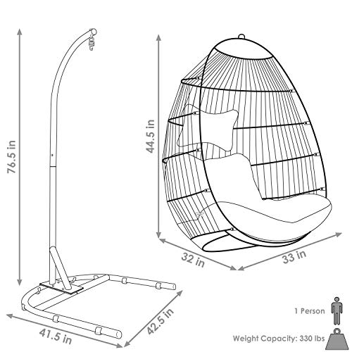 Sunnydaze Julia Hanging Egg Chair with Stand and Blue Cushions - Comfy Collapsible Outdoor Egg Chair Swing with Stand - Black Polyethylene Wicker Rattan Frame with Steel Stand - 76 Inches Tall