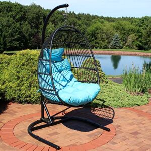 Sunnydaze Julia Hanging Egg Chair with Stand and Blue Cushions - Comfy Collapsible Outdoor Egg Chair Swing with Stand - Black Polyethylene Wicker Rattan Frame with Steel Stand - 76 Inches Tall
