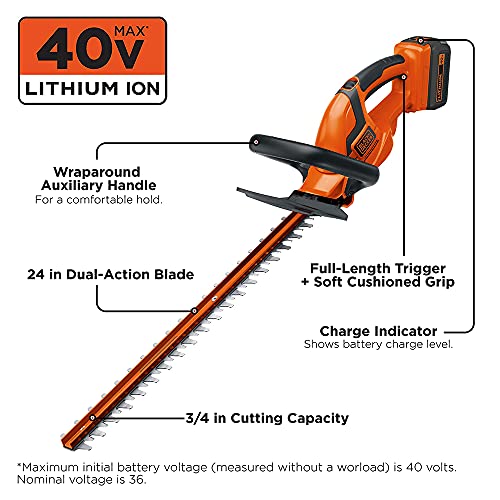 BLACK+DECKER 40V MAX Hedge Trimmer, Cordless, 24-Inch Blade, Battery and Charger Included (LHT2436)