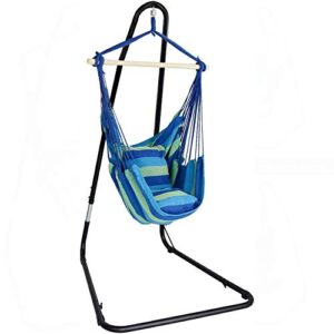 sorbus stylish swing chair w/steel stand- fine cotton weave for super comfort & durability- hanging hammock chair w/2 seat cushions- portable outdoor hanging chair w/hardware kit – indoor outdoor use