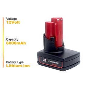 ELEFLY 2 Pack M12 6.0Ah Replacement for Milwaukee M12 12V Lithium Battery 48-11-2460 48-11-2411 48-11-2401 48-11-2402 48-11-2440, Compatible with Milwaukee 12-Volt M12 Cordless Tools