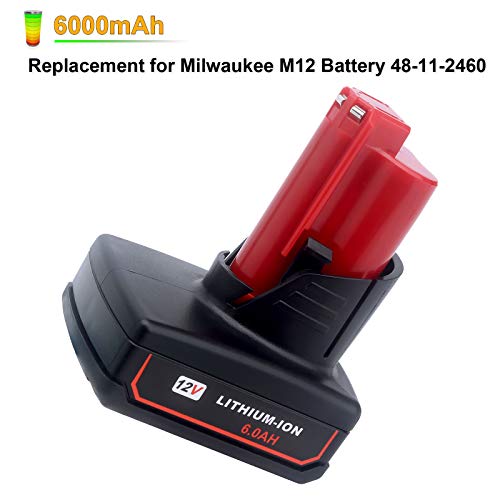 ELEFLY 2 Pack M12 6.0Ah Replacement for Milwaukee M12 12V Lithium Battery 48-11-2460 48-11-2411 48-11-2401 48-11-2402 48-11-2440, Compatible with Milwaukee 12-Volt M12 Cordless Tools