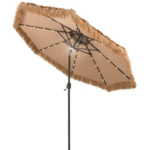 Tangkula 10 ft Thatched Patio Umbrella, 2 Tier Hawaiian Style Grass Beach Umbrella with 32 Led Lights, Center Light, Solar Tiki Umbrella with 8 Ribs, Tilt Adjustment, Manual Crank for Backyard, Poolside, Deck