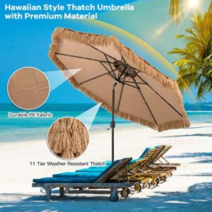 Tangkula 10 ft Thatched Patio Umbrella, 2 Tier Hawaiian Style Grass Beach Umbrella with 32 Led Lights, Center Light, Solar Tiki Umbrella with 8 Ribs, Tilt Adjustment, Manual Crank for Backyard, Poolside, Deck