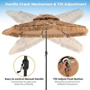 Tangkula 10 ft Thatched Patio Umbrella, 2 Tier Hawaiian Style Grass Beach Umbrella with 32 Led Lights, Center Light, Solar Tiki Umbrella with 8 Ribs, Tilt Adjustment, Manual Crank for Backyard, Poolside, Deck