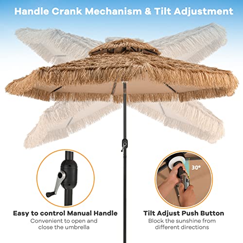 Tangkula 10 ft Thatched Patio Umbrella, 2 Tier Hawaiian Style Grass Beach Umbrella with 32 Led Lights, Center Light, Solar Tiki Umbrella with 8 Ribs, Tilt Adjustment, Manual Crank for Backyard, Poolside, Deck