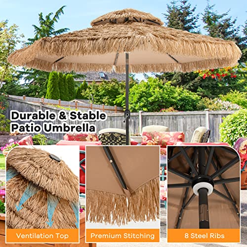 Tangkula 10 ft Thatched Patio Umbrella, 2 Tier Hawaiian Style Grass Beach Umbrella with 32 Led Lights, Center Light, Solar Tiki Umbrella with 8 Ribs, Tilt Adjustment, Manual Crank for Backyard, Poolside, Deck