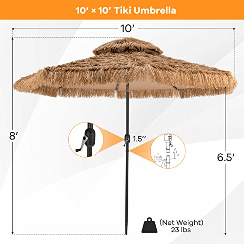 Tangkula 10 ft Thatched Patio Umbrella, 2 Tier Hawaiian Style Grass Beach Umbrella with 32 Led Lights, Center Light, Solar Tiki Umbrella with 8 Ribs, Tilt Adjustment, Manual Crank for Backyard, Poolside, Deck