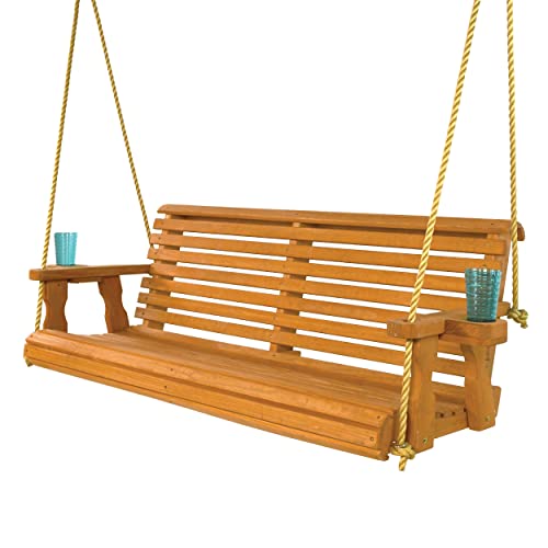 Amish Casual Heavy Duty 800 Lb Roll Back Treated Porch Swing with Hanging Ropes and Cupholders (5 Foot, Cedar Stain)