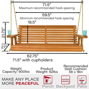 Amish Casual Heavy Duty 800 Lb Roll Back Treated Porch Swing with Hanging Ropes and Cupholders (5 Foot, Cedar Stain)