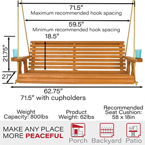 Amish Casual Heavy Duty 800 Lb Roll Back Treated Porch Swing with Hanging Ropes and Cupholders (5 Foot, Cedar Stain)