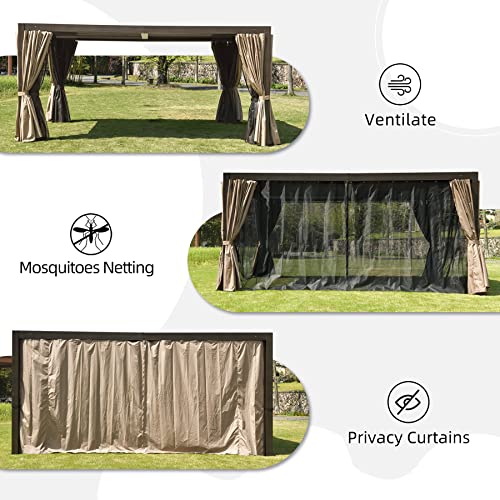 Domi Outdoor Living 10’ X 13’ Outdoor Louvered Pergola Aluminum Patio Garden Gazebo with Adjustable Roof for Backyard, Garden w/Curtains and Netting (Dark Brown)