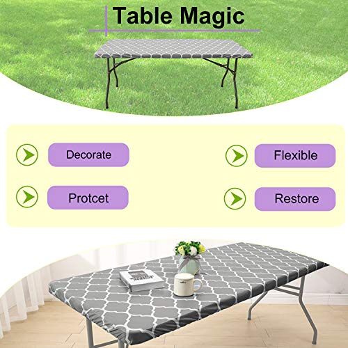 Vinyl Fitted Tablecloth for 6 ft Rectangle Table, Gray Moroccan Design, Waterproof Elastic Table Cover with Flannel Backed Lining, Fits 30"x72" Folding Table, for Outdoor Picnics/Travel/Holiday/Party