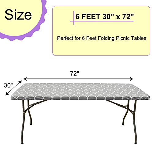 Vinyl Fitted Tablecloth for 6 ft Rectangle Table, Gray Moroccan Design, Waterproof Elastic Table Cover with Flannel Backed Lining, Fits 30"x72" Folding Table, for Outdoor Picnics/Travel/Holiday/Party