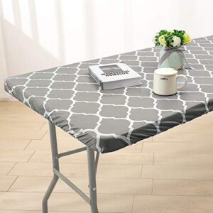 Vinyl Fitted Tablecloth for 6 ft Rectangle Table, Gray Moroccan Design, Waterproof Elastic Table Cover with Flannel Backed Lining, Fits 30"x72" Folding Table, for Outdoor Picnics/Travel/Holiday/Party