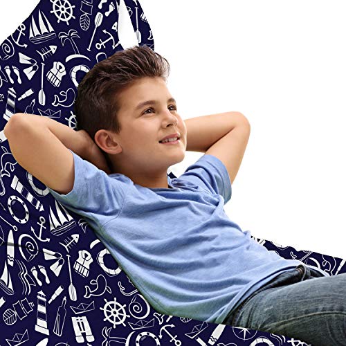 Lunarable Marine Lounger Chair Bag, Nautical Elements in Line Art Style on Blue Background Sea Travel Theme, High Capacity Storage with Handle Container, Lounger Size, Navy Blue and White