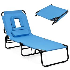 goplus folding chaise lounge beach chair, face down tanning chair with face hole detachable pillow, great for outside pool patio backyard, 5-position adjustable (1, blue)