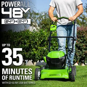 Greenworks 2 x 24V (48V) 19” Brushless Cordless Lawn Mower, (2) 4.0Ah Batteries and Dual Port Charger Included