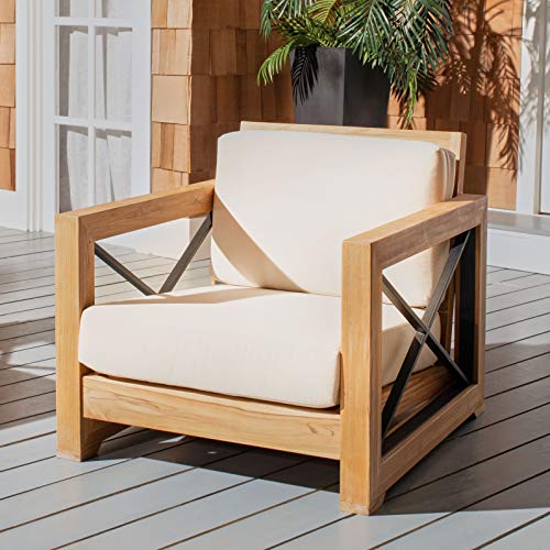 Safavieh CPT1009A Couture Curacao Brazilian Teak Outdoor Patio Club Chair, Natural/White