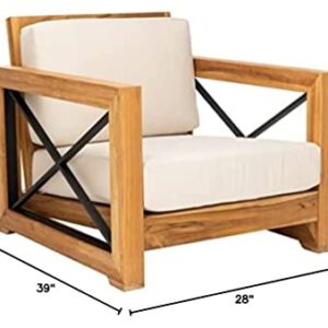 Safavieh CPT1009A Couture Curacao Brazilian Teak Outdoor Patio Club Chair, Natural/White