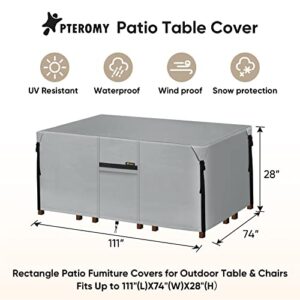 PTEROMY Waterproof Patio Table Cover, Heavy Duty 600D Canvas Patio Furniture Covers for Outdoor Dining Table and Chairs (Pewter Gray, 111''x 74'')