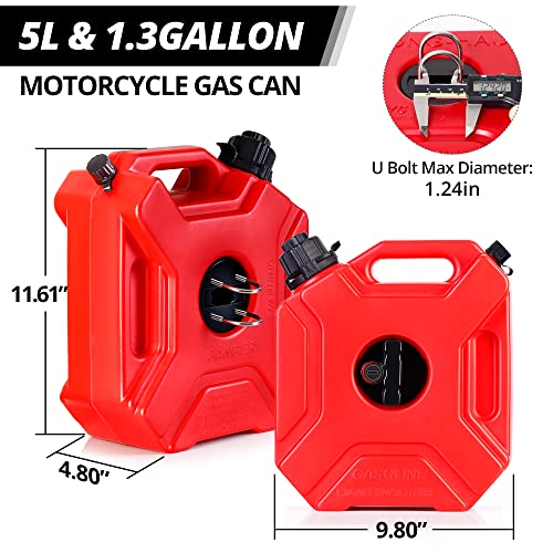 ARCTICSCORPION Upgraded Gas Can, 5L/1.3 Gallon Mountable Motorcycle Gas Can with Snap-in Spout, Mounting Hardware, Lock and Keys Emergency Gas or Water Container for ATV UTV SUV Trailer and Dirt Bike