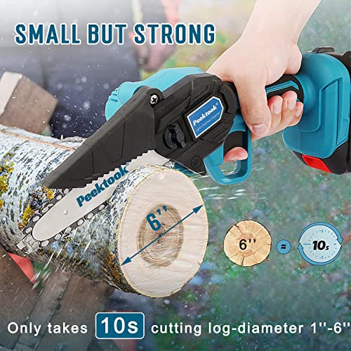 Mini Chainsaw 6-Inch, Peektook Electric Chainsaw Cordless Chain saw with 2 Large Capacity Battery & 2 Chains, Light Weight Battery Chainsaw Mini Saw with Safety Lock and Strong Motor for Tree Trimming