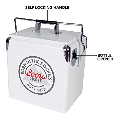 Coors Light Retro Ice Chest Cooler with Bottle Opener 13L (14 qt), 18 Can Capacity, White and Silver, Vintage Style Ice Bucket for Camping, Beach, Picnic, RV, BBQs, Tailgating, Fishing