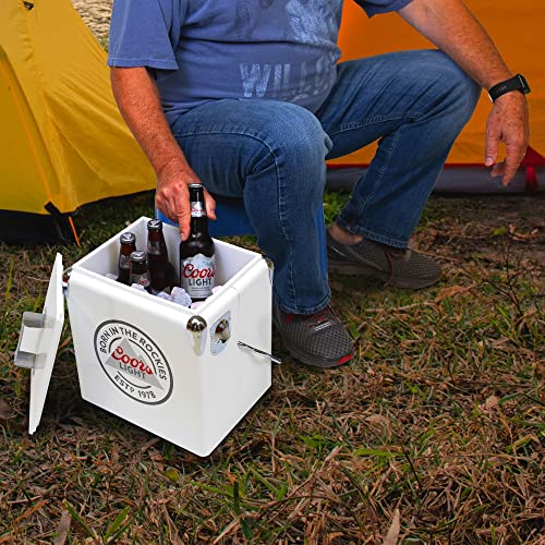 Coors Light Retro Ice Chest Cooler with Bottle Opener 13L (14 qt), 18 Can Capacity, White and Silver, Vintage Style Ice Bucket for Camping, Beach, Picnic, RV, BBQs, Tailgating, Fishing