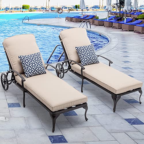 HOMEFUN Chaise Lounge Outdoor Chair with Beige Cushions, Aluminum Pool Side Sun Lounges with Wheels Adjustable Reclining, Patio Furniture Set, Pack of 2(Antique Bronze)