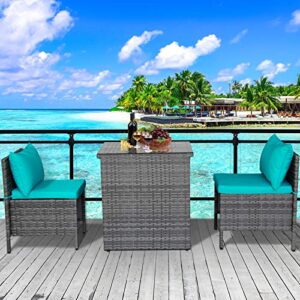 3 piece outdoor pe rattan furniture bistro set patio wicker conversation chair with glass top table space saving design, turquoise cushion