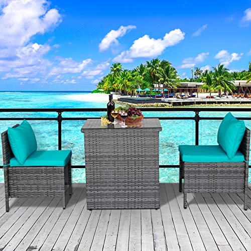 3 Piece Outdoor PE Rattan Furniture Bistro Set Patio Wicker Conversation Chair with Glass Top Table Space Saving Design, Turquoise Cushion