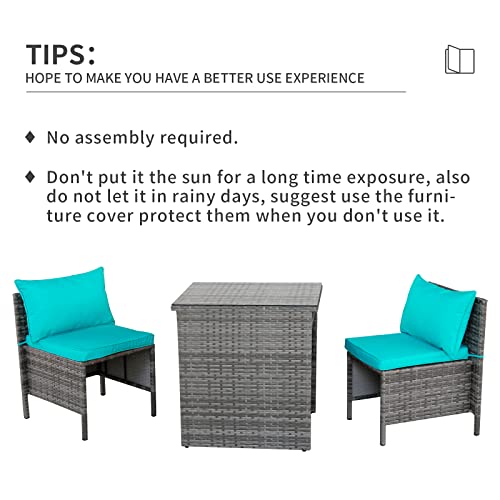 3 Piece Outdoor PE Rattan Furniture Bistro Set Patio Wicker Conversation Chair with Glass Top Table Space Saving Design, Turquoise Cushion