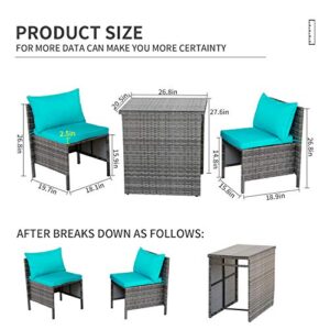 3 Piece Outdoor PE Rattan Furniture Bistro Set Patio Wicker Conversation Chair with Glass Top Table Space Saving Design, Turquoise Cushion