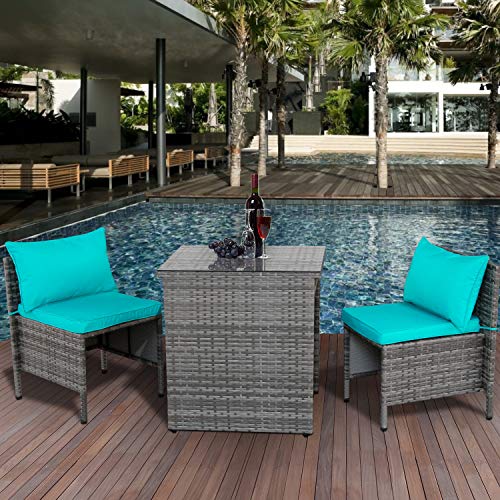 3 Piece Outdoor PE Rattan Furniture Bistro Set Patio Wicker Conversation Chair with Glass Top Table Space Saving Design, Turquoise Cushion