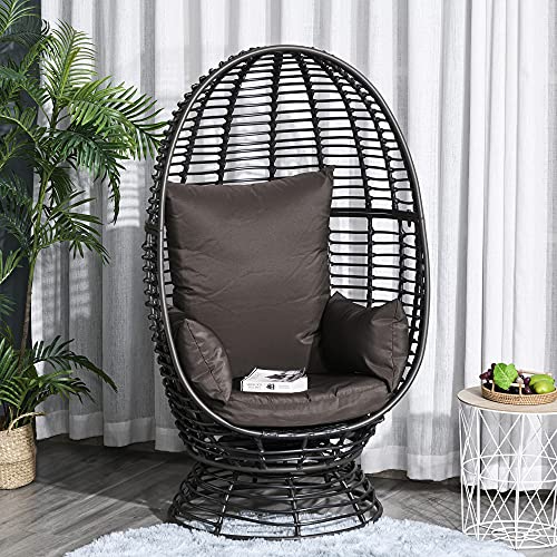Outsunny Outdoor Wicker Egg Chair with Cushion, Lounge Chair Rattan 360 Degree Round Basket Chair for Backyard Garden Lawn Indoor Living Room, Brown
