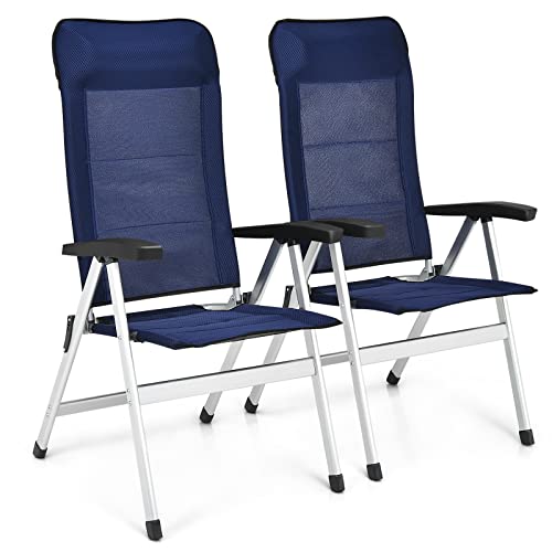 Tangkula Set of 2 Patio Folding Chairs, Portable Reclining Chairs with 7-Position Adjustable Back & Padded Headrest, Outdoor Indoor High Back Chaise Lounge Armchair for Poolside, Yard, Lawn, Navy