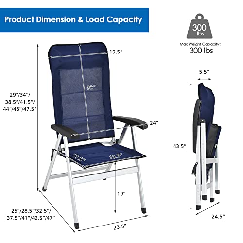 Tangkula Set of 2 Patio Folding Chairs, Portable Reclining Chairs with 7-Position Adjustable Back & Padded Headrest, Outdoor Indoor High Back Chaise Lounge Armchair for Poolside, Yard, Lawn, Navy