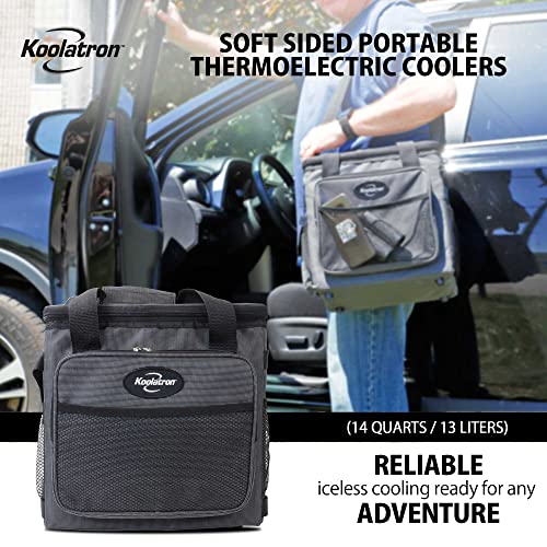 Koolatron Thermoelectric Iceless 12V Cooler Bag, 14 qt (13 L) Black/Gray Soft-Sided Portable Car Fridge w/DC Power Cord, Adjustable Shoulder Strap, Cord Storage, Travel Fishing Trucking Road Trip