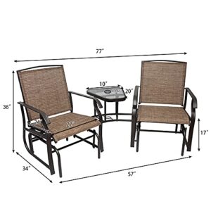 Patio Double Glider Chair Rocker Metal 2 Person Rocking Chairs with Table, Outdoor Porch Furniture Conversation Set, Umbrella Hole, for Garden, Balcony, Backyard, Poolside, Lawn