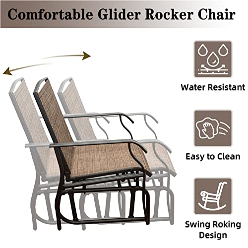 Patio Double Glider Chair Rocker Metal 2 Person Rocking Chairs with Table, Outdoor Porch Furniture Conversation Set, Umbrella Hole, for Garden, Balcony, Backyard, Poolside, Lawn